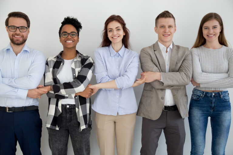 Employees wearing clothes appropriate for a business casual dress code